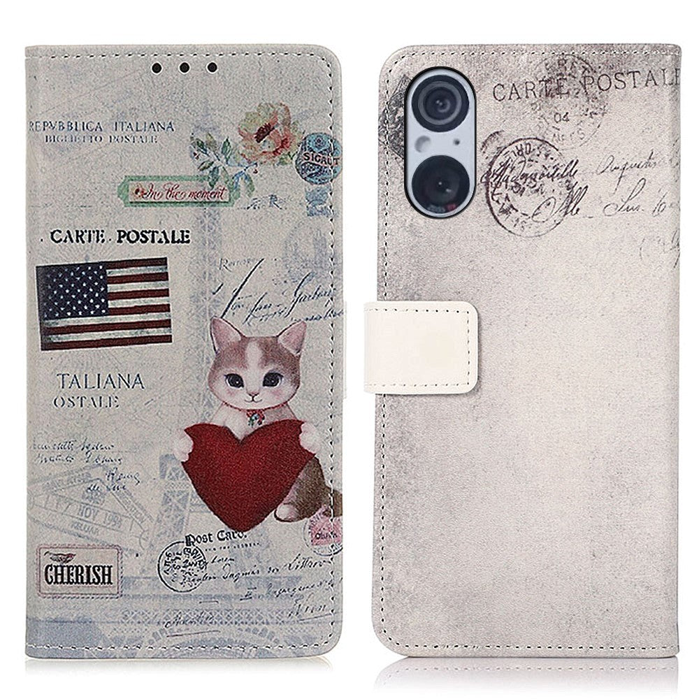 Sony Xperia 5 V Læder Mobil Cover m. Pung - Kat m. Hjerte