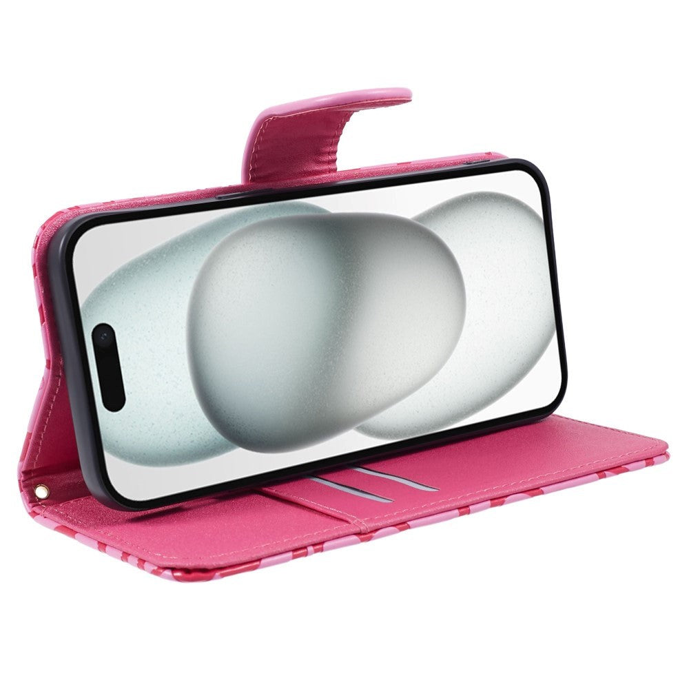 iPhone 15 Pro Max Læder Mobil Cover m. Pung og Strop - Kamelia Blomst - Lyserød