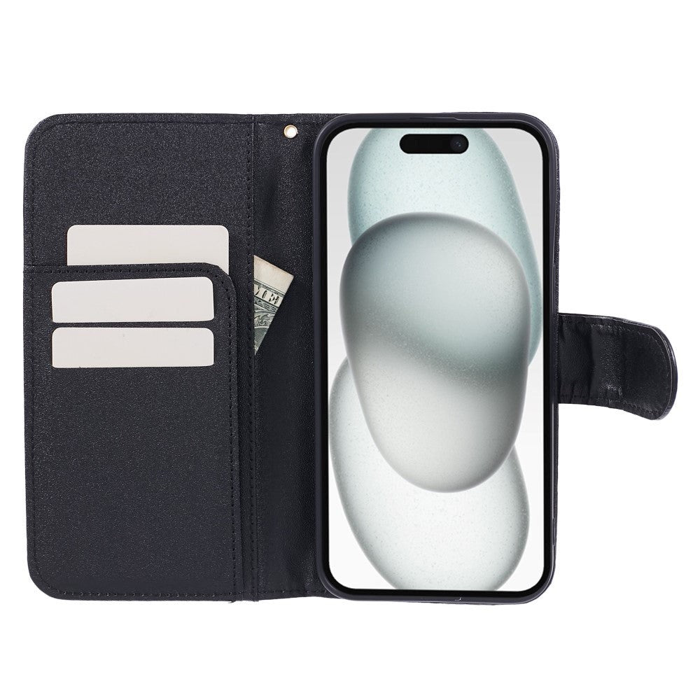 iPhone 15 Pro Max Læder Mobil Cover m. Pung og Strop - Kamelia Blomst - Sort