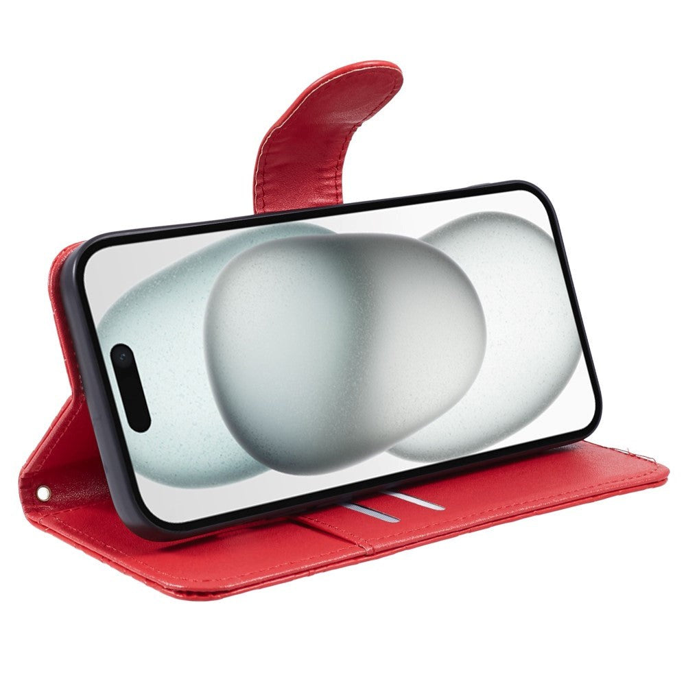 iPhone 15 Pro Max Læder Mobil Cover m. Pung og Strop - Kamelia Blomst - Rød