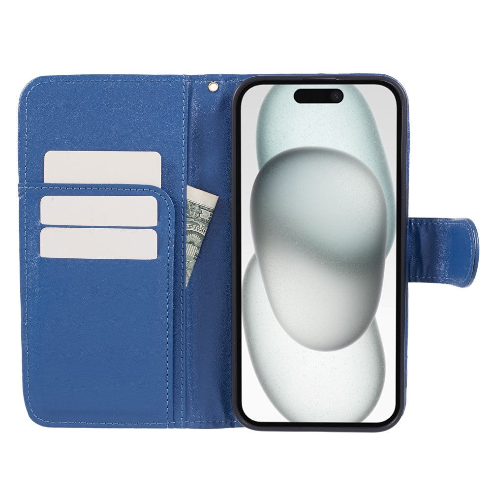 iPhone 15 Pro Max Læder Mobil Cover m. Pung og Strop - Kamelia Blomst - Blå
