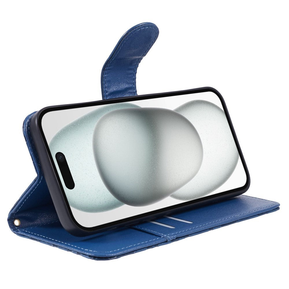 iPhone 15 Pro Max Læder Mobil Cover m. Pung og Strop - Kamelia Blomst - Blå