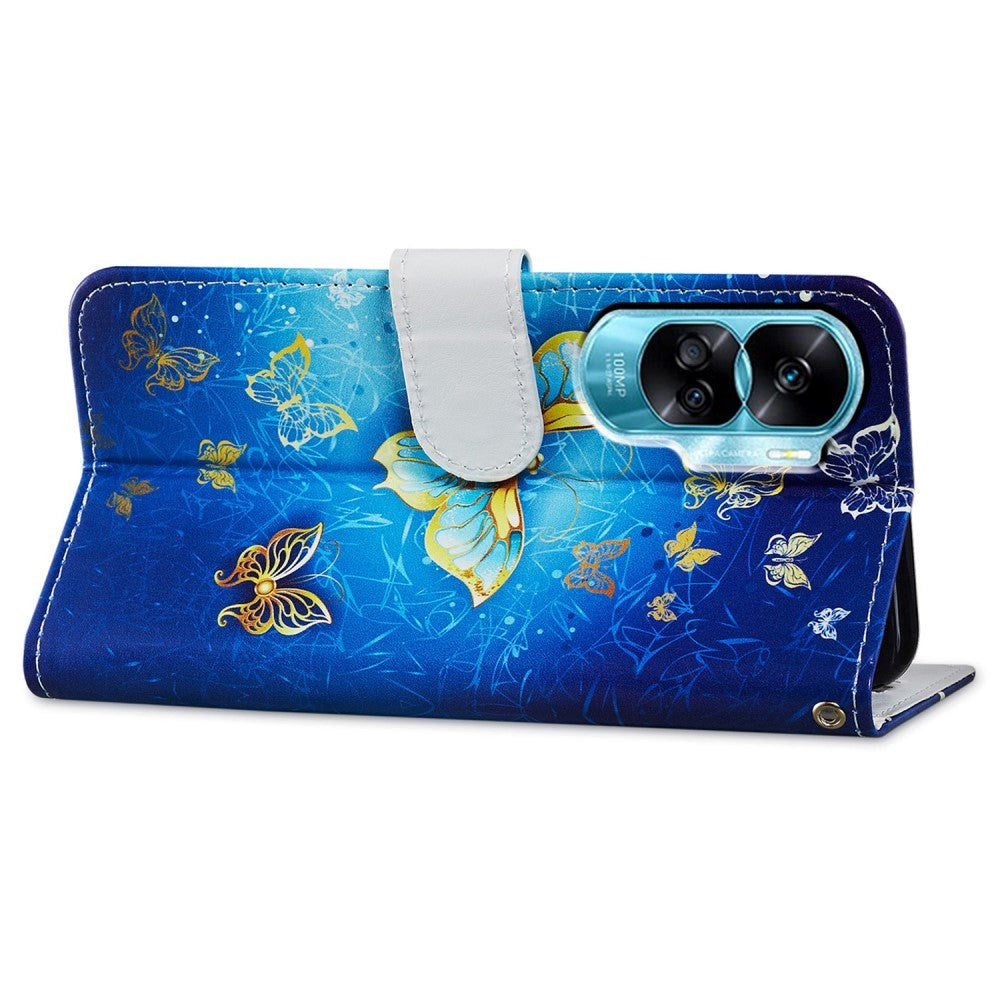 Honor 90 Lite Kunstlæder Mobil Cover m. Pung og Strop - Guld Sommerfugle