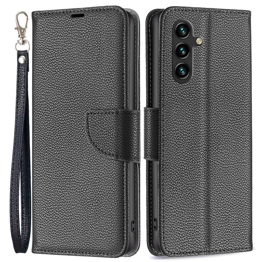 Samsung Galaxy A15 (5G) / A15 PU Litchi Læder Mobil Cover m. Pung & Strop - Sort