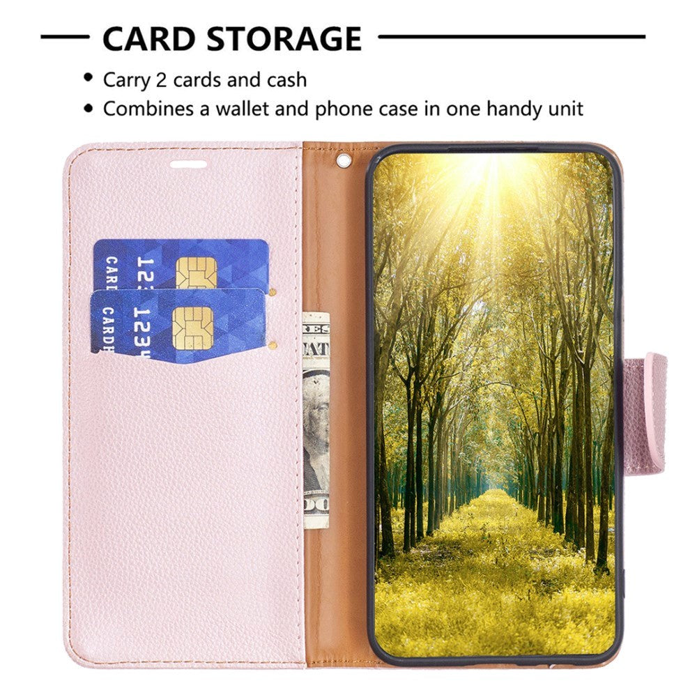 Samsung Galaxy A15 (5G) / A15 PU Litchi Læder Mobil Cover m. Pung & Strop - Rose Gold