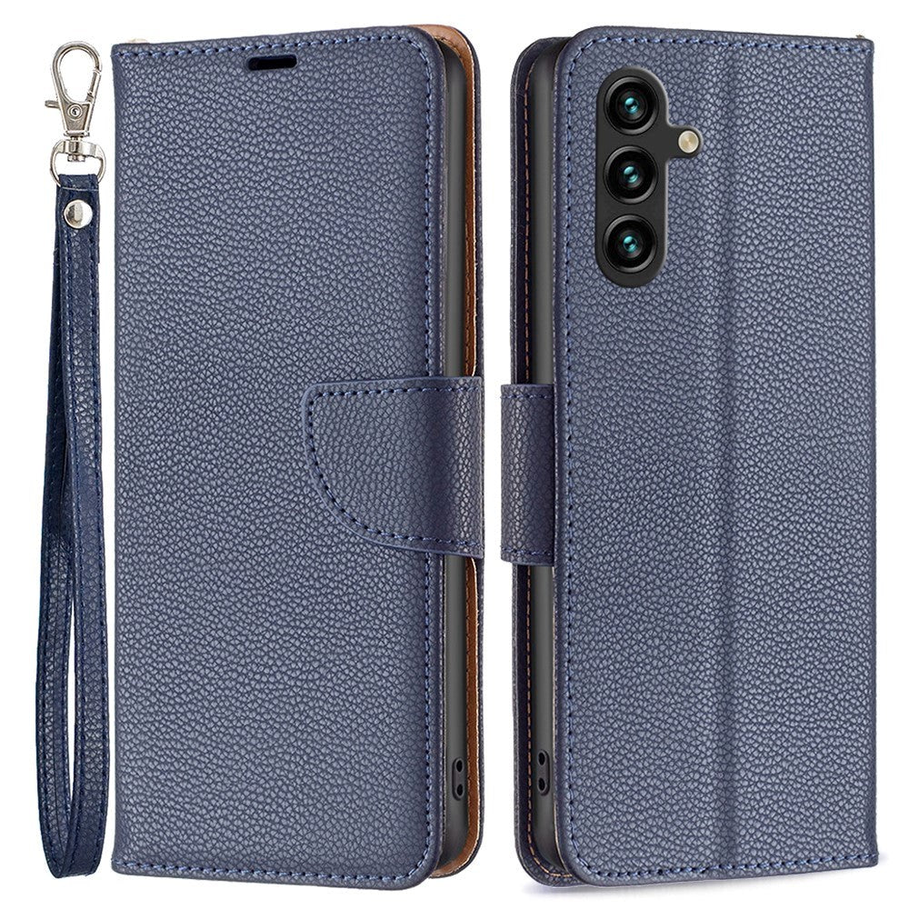 Samsung Galaxy A15 (5G) / A15 PU Litchi Læder Mobil Cover m. Pung & Strop - Blå