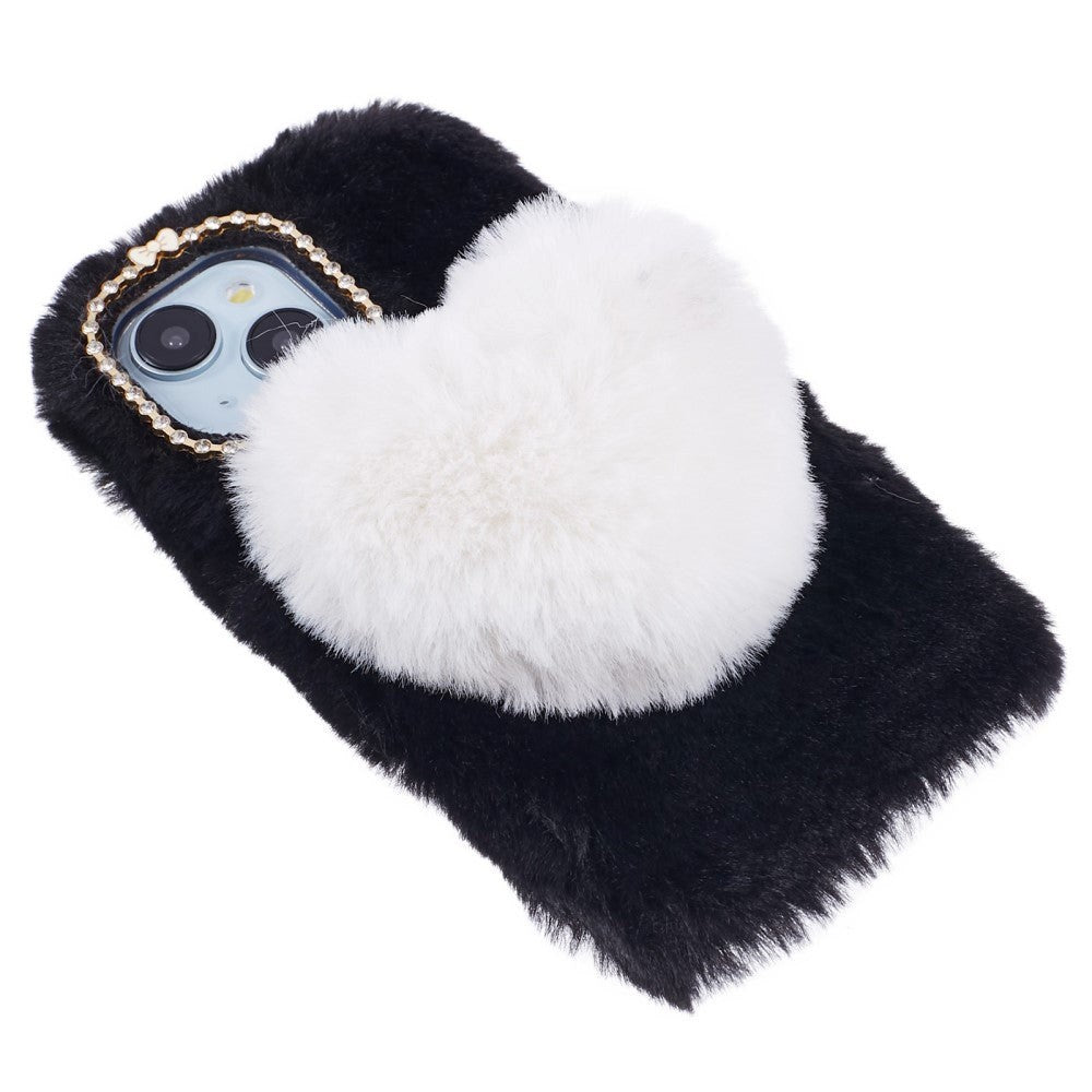 iPhone 15 Fleksibelt Plastik Mobil Cover m. Pels - Hjerte - Sort