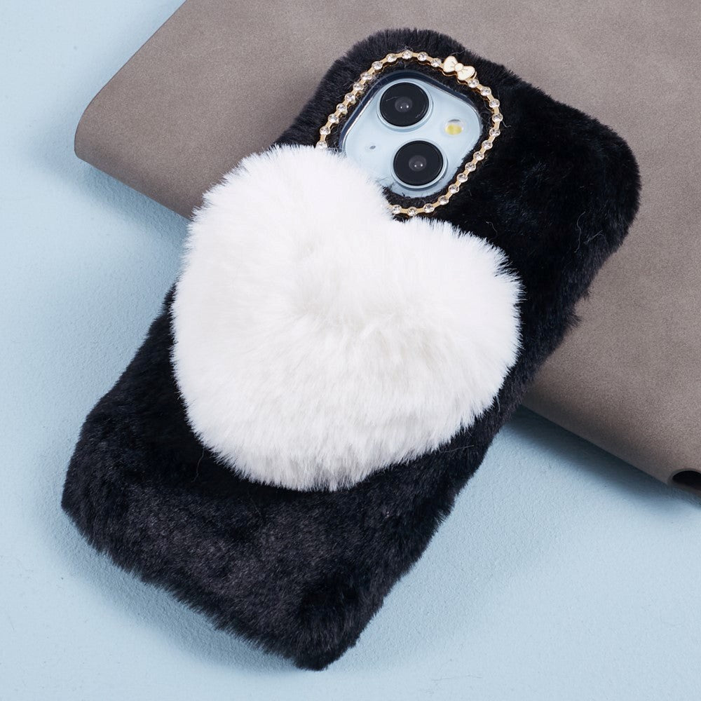 iPhone 15 Fleksibelt Plastik Mobil Cover m. Pels - Hjerte - Sort