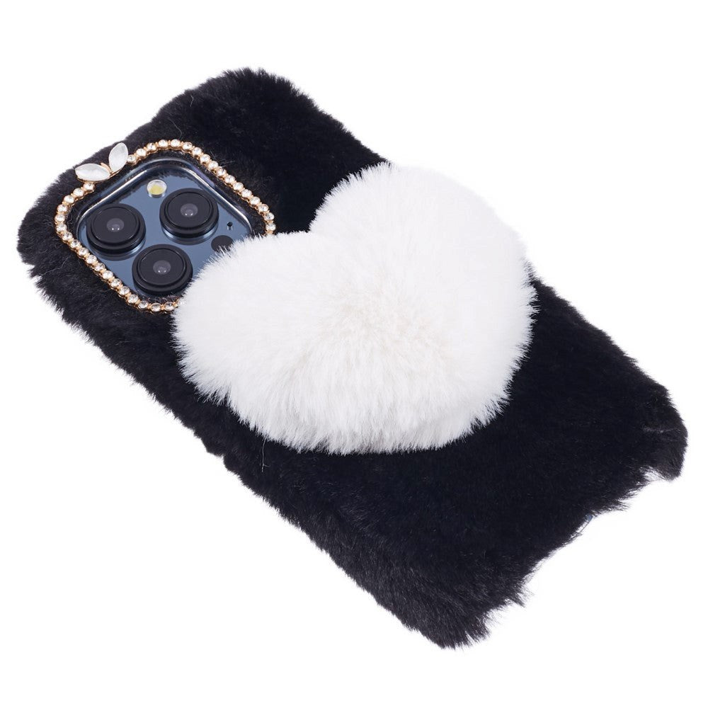 iPhone 15 Pro Fleksibelt Plastik Mobil Cover m. Pels - Hjerte - Sort