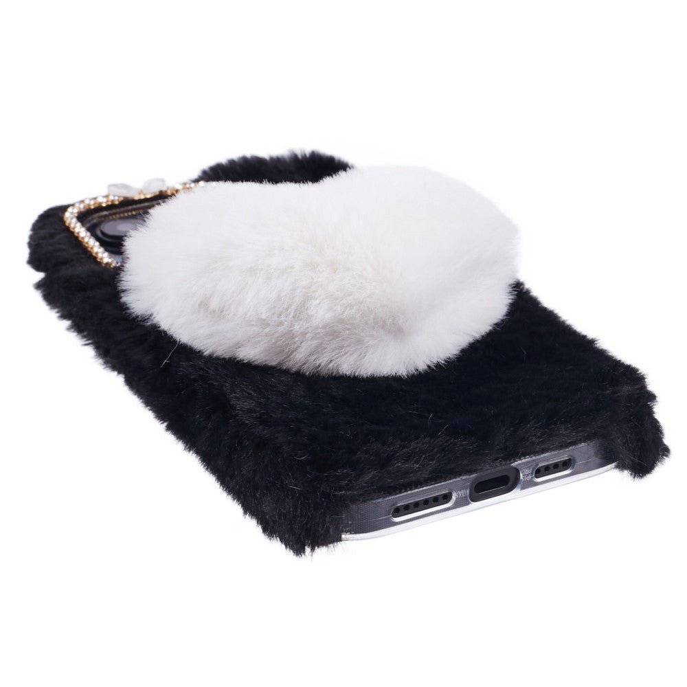 iPhone 15 Pro Fleksibelt Plastik Mobil Cover m. Pels - Hjerte - Sort