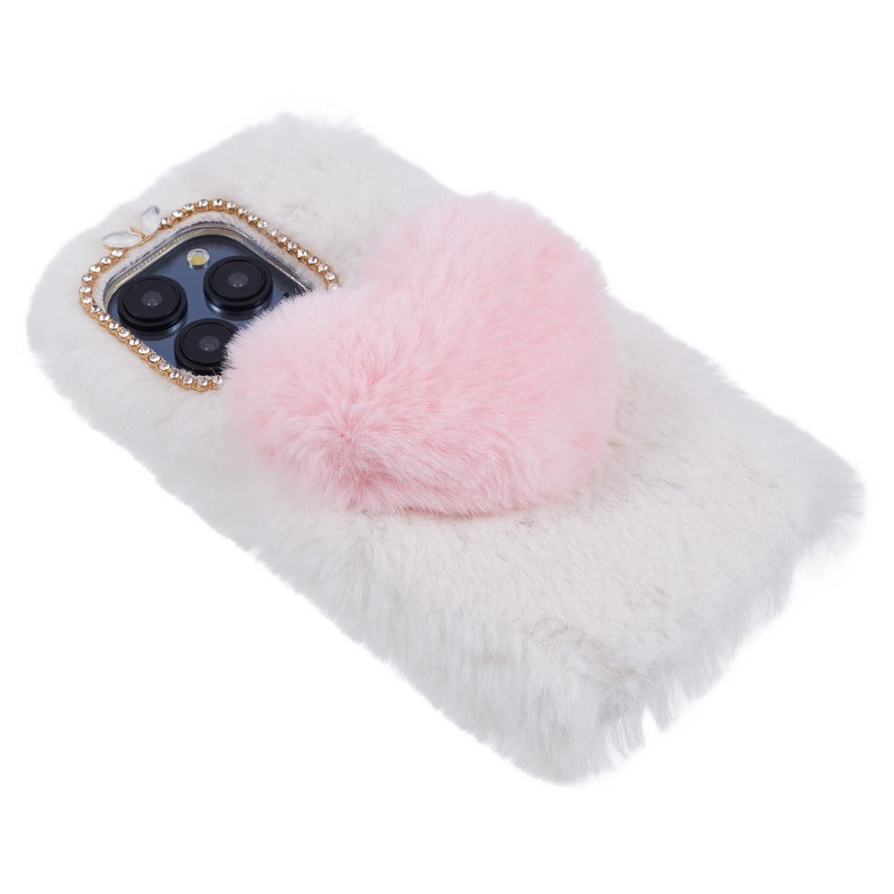 iPhone 15 Pro Fleksibelt Plastik Mobil Cover m. Pels - Hjerte - Hvid / Rød