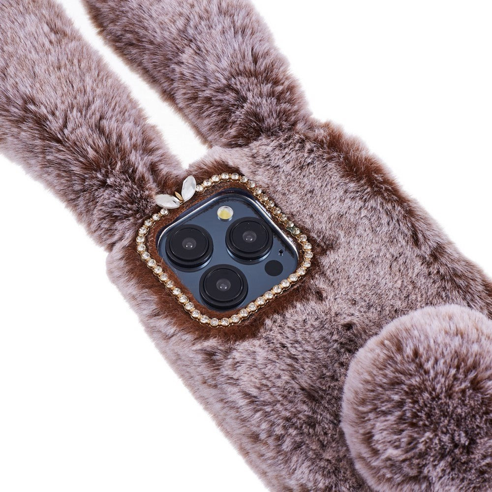 iPhone 15 Pro Fleksibelt Plastik Mobil Cover m. Pels - Kaninører - Brun