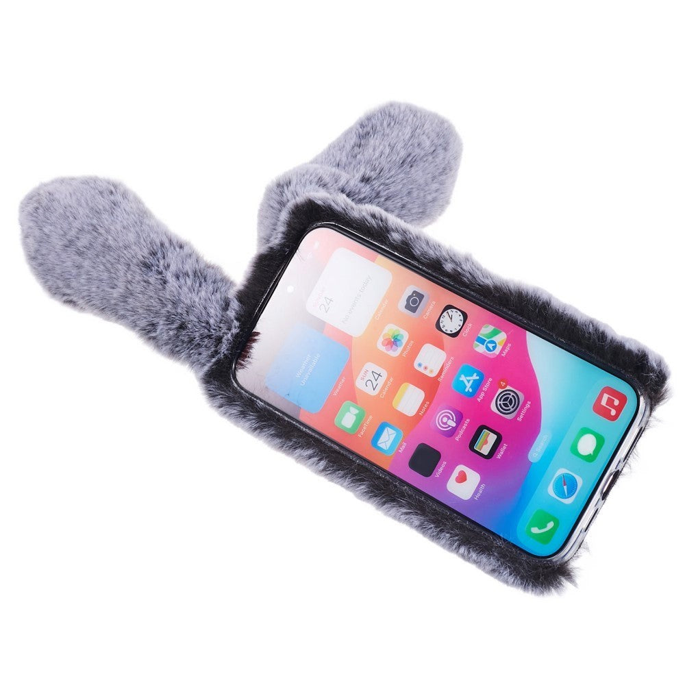 iPhone 15 Pro Fleksibelt Plastik Mobil Cover m. Pels - Kaninører - Grå