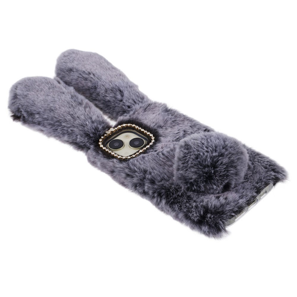 iPhone 15 Fleksibelt Plastik Mobil Cover m. Pels - Kaninører - Grå