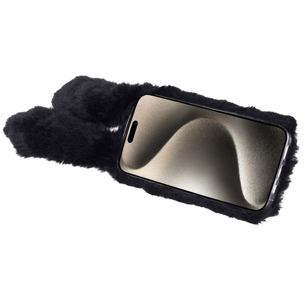 iPhone 15 Fleksibelt Plastik Mobil Cover m. Pels - Kaninører - Sort