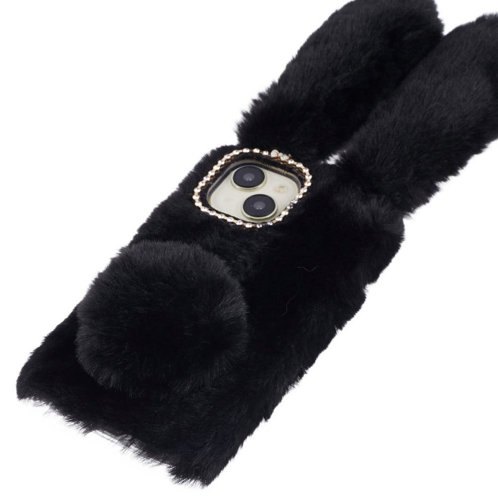 iPhone 15 Fleksibelt Plastik Mobil Cover m. Pels - Kaninører - Sort