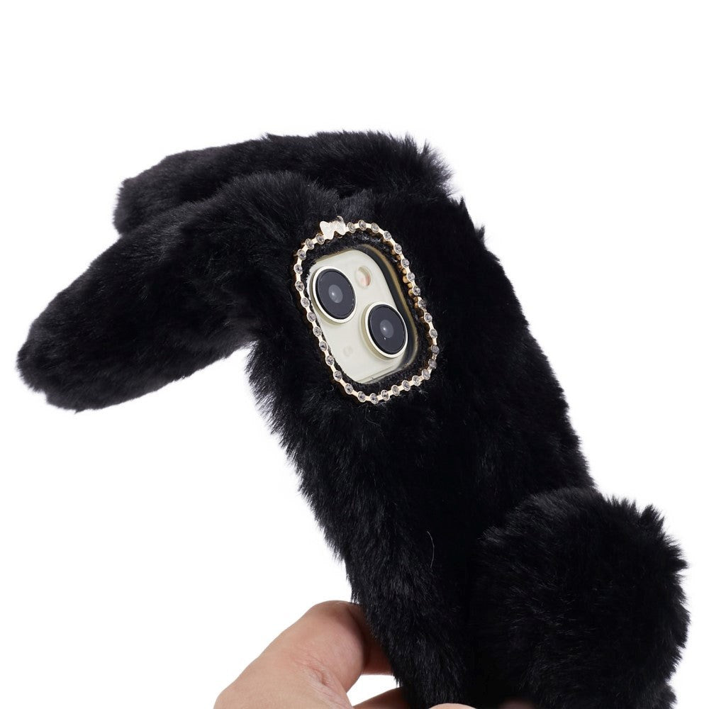 iPhone 15 Fleksibelt Plastik Mobil Cover m. Pels - Kaninører - Sort