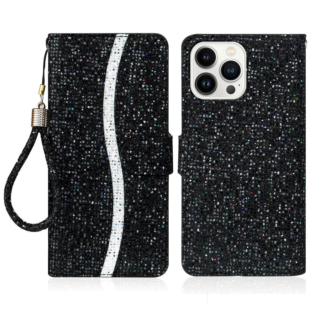 iPhone 15 Pro Læder Mobil Cover m. Pung & Strop - Glitter Design - Sort