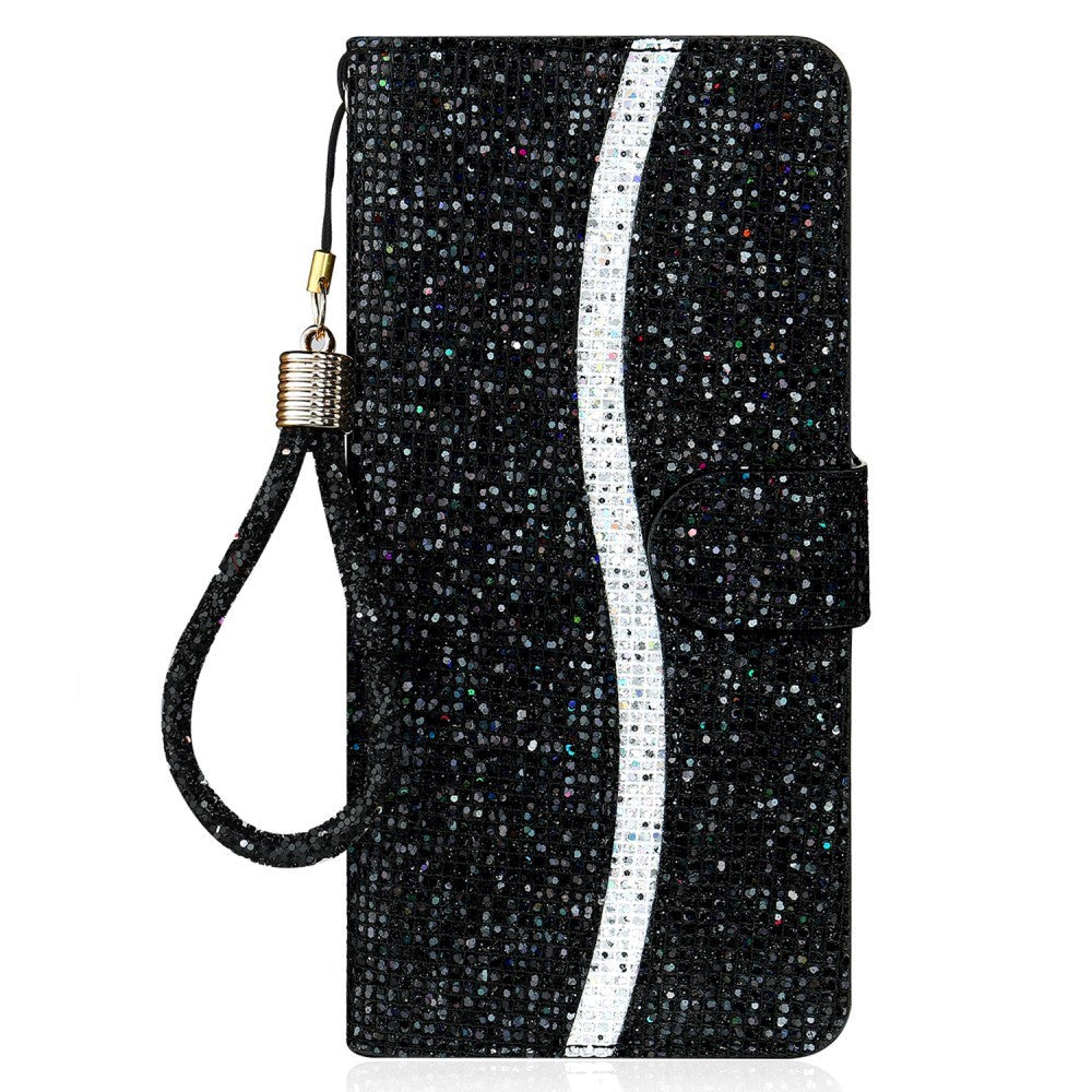 iPhone 15 Pro Læder Mobil Cover m. Pung & Strop - Glitter Design - Sort