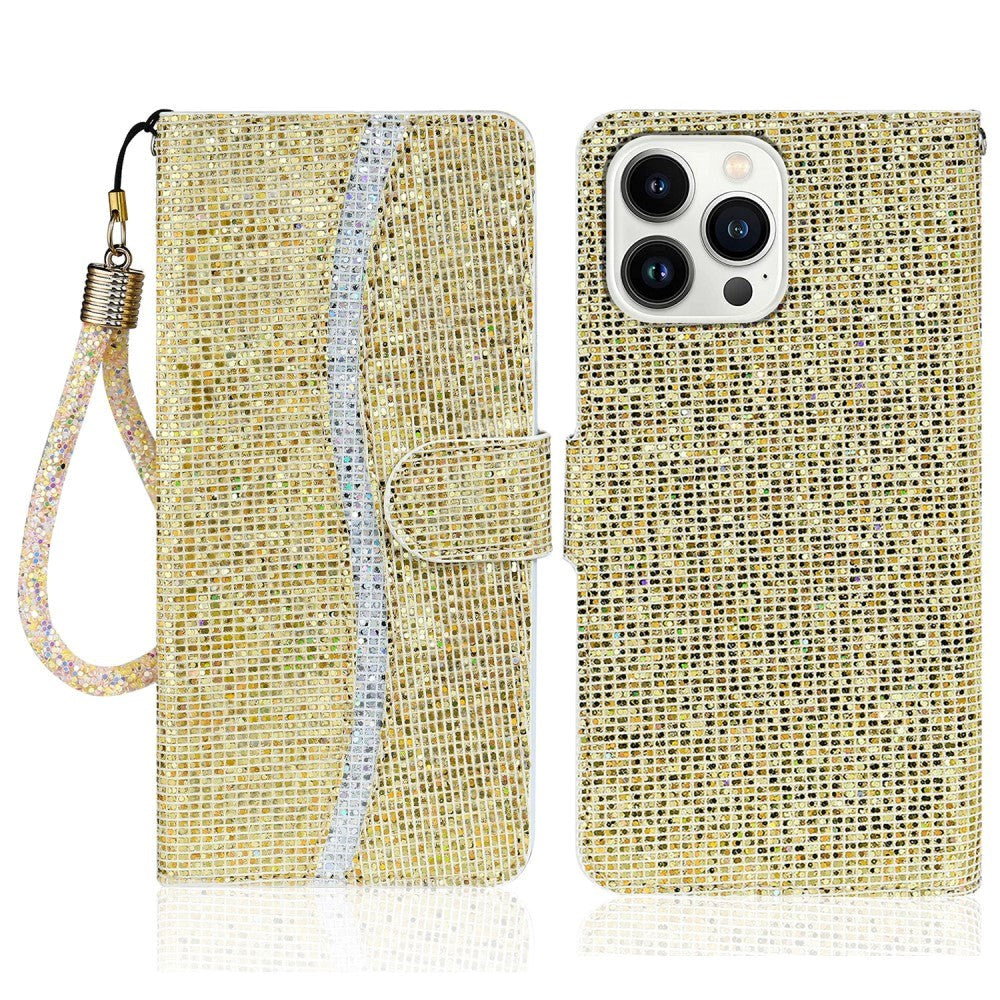 iPhone 15 Pro Læder Mobil Cover m. Pung & Strop - Glitter Design - Guld