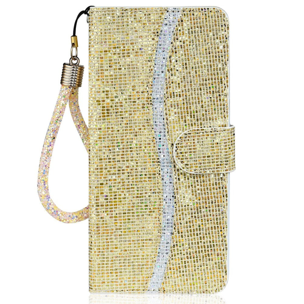 iPhone 15 Pro Læder Mobil Cover m. Pung & Strop - Glitter Design - Guld