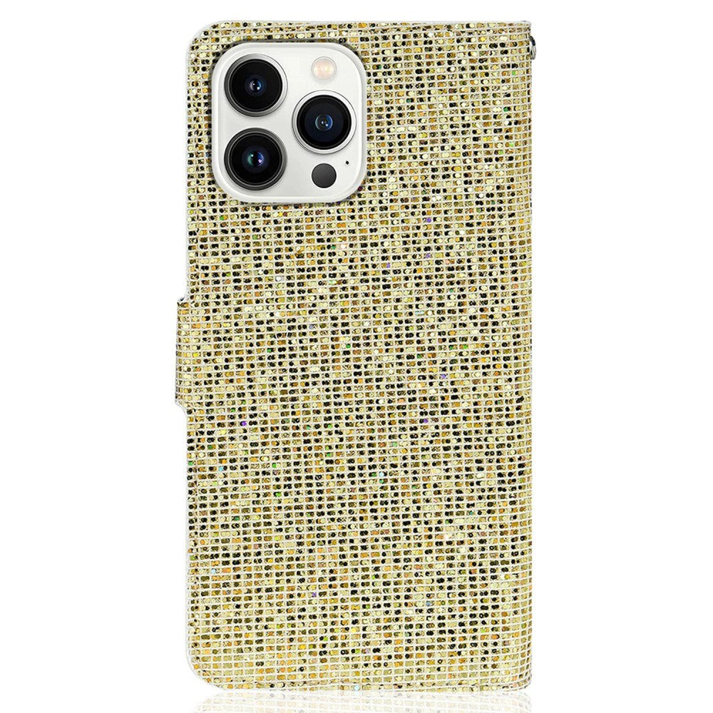 iPhone 15 Pro Læder Mobil Cover m. Pung & Strop - Glitter Design - Guld