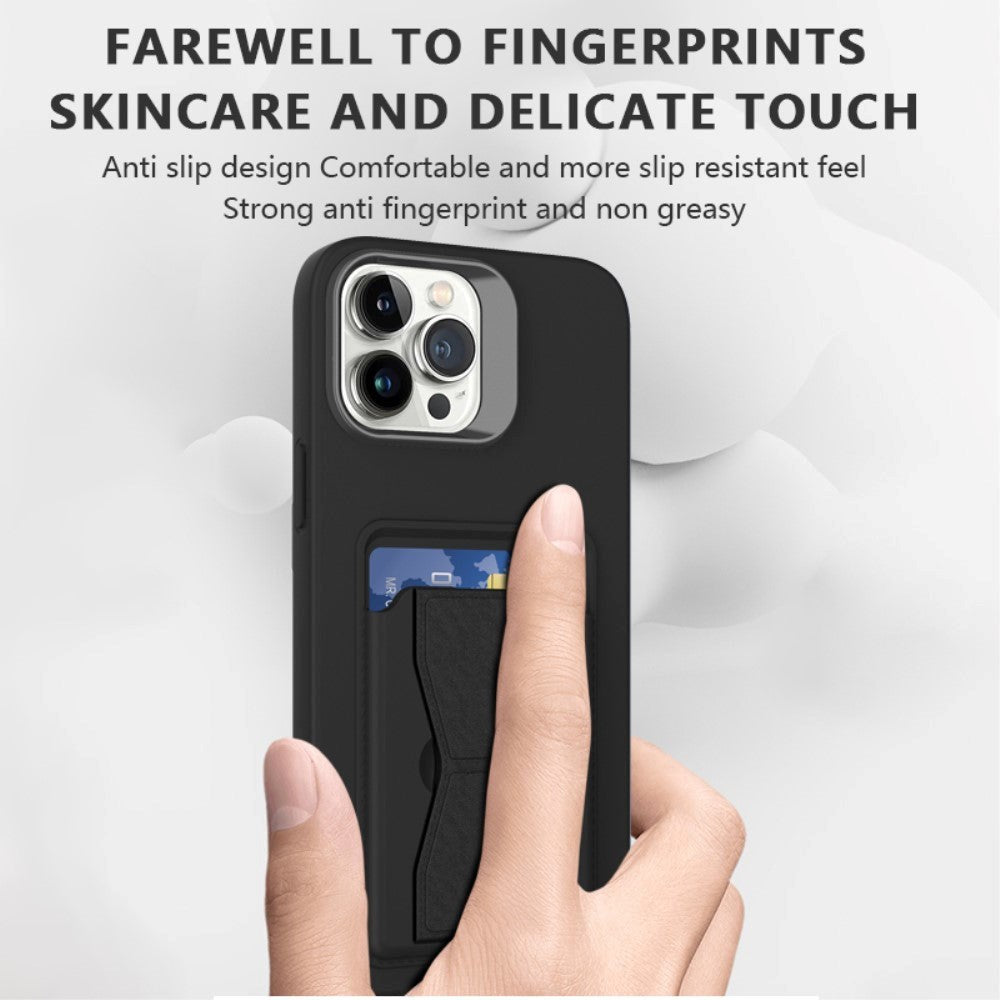 iPhone 15 Pro Fleksibelt Plastik Mobil Cover m. Kortholder & Kickstand - Sort