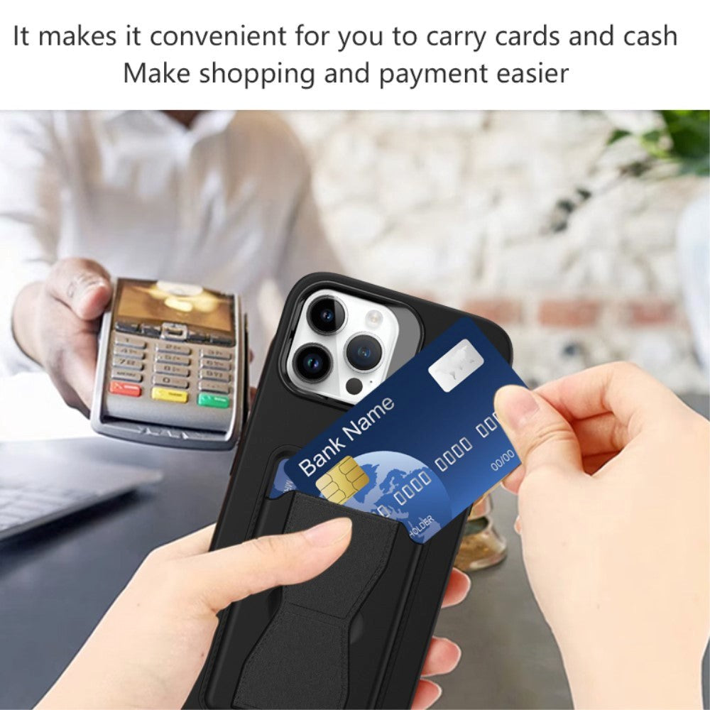 iPhone 15 Pro Fleksibelt Plastik Mobil Cover m. Kortholder & Kickstand - Sort