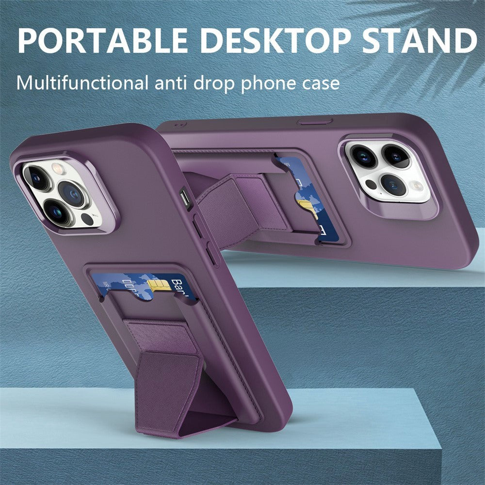 iPhone 15 Pro Max Fleksibelt Plastik Mobil Cover m. Kortholder & Kickstand - Lilla