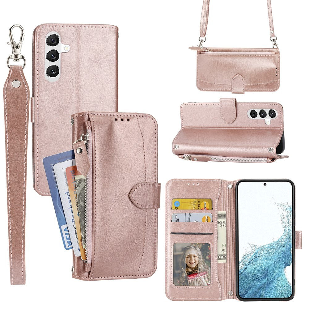 Samsung Galaxy A25 (5G) Læder Mobil Cover m. Lynlåslomme & Strop - Rose Gold