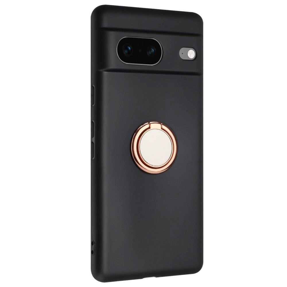 Google Pixel 8a Fleksibelt Plastik Mobil Cover m. Ring Kickstand - Sort m. Magnetisk Rose Gold Ring
