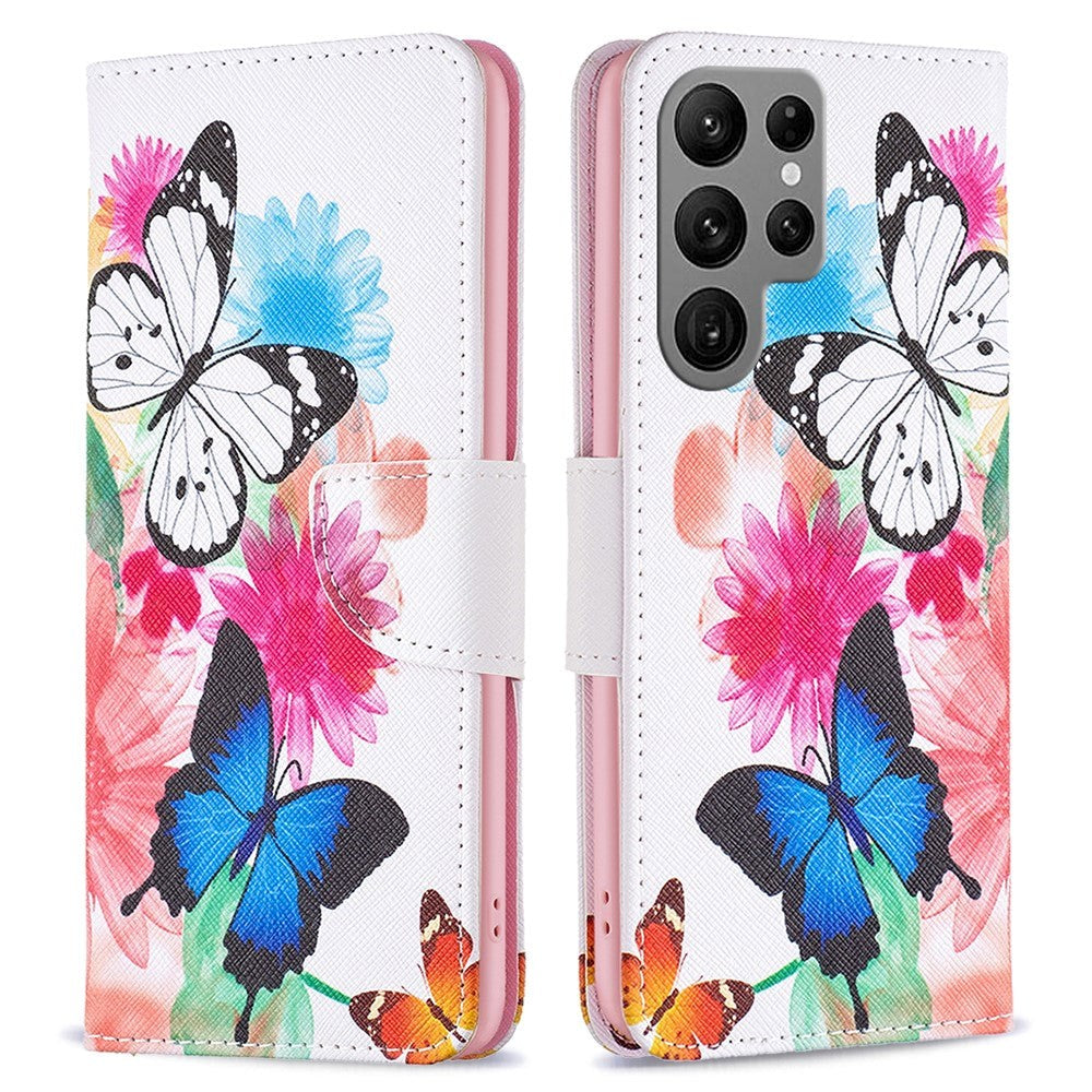 Samsung Galaxy S24 Ultra Læder Mobil Cover m. Pung & Ståfunktion - To Sommerfugle