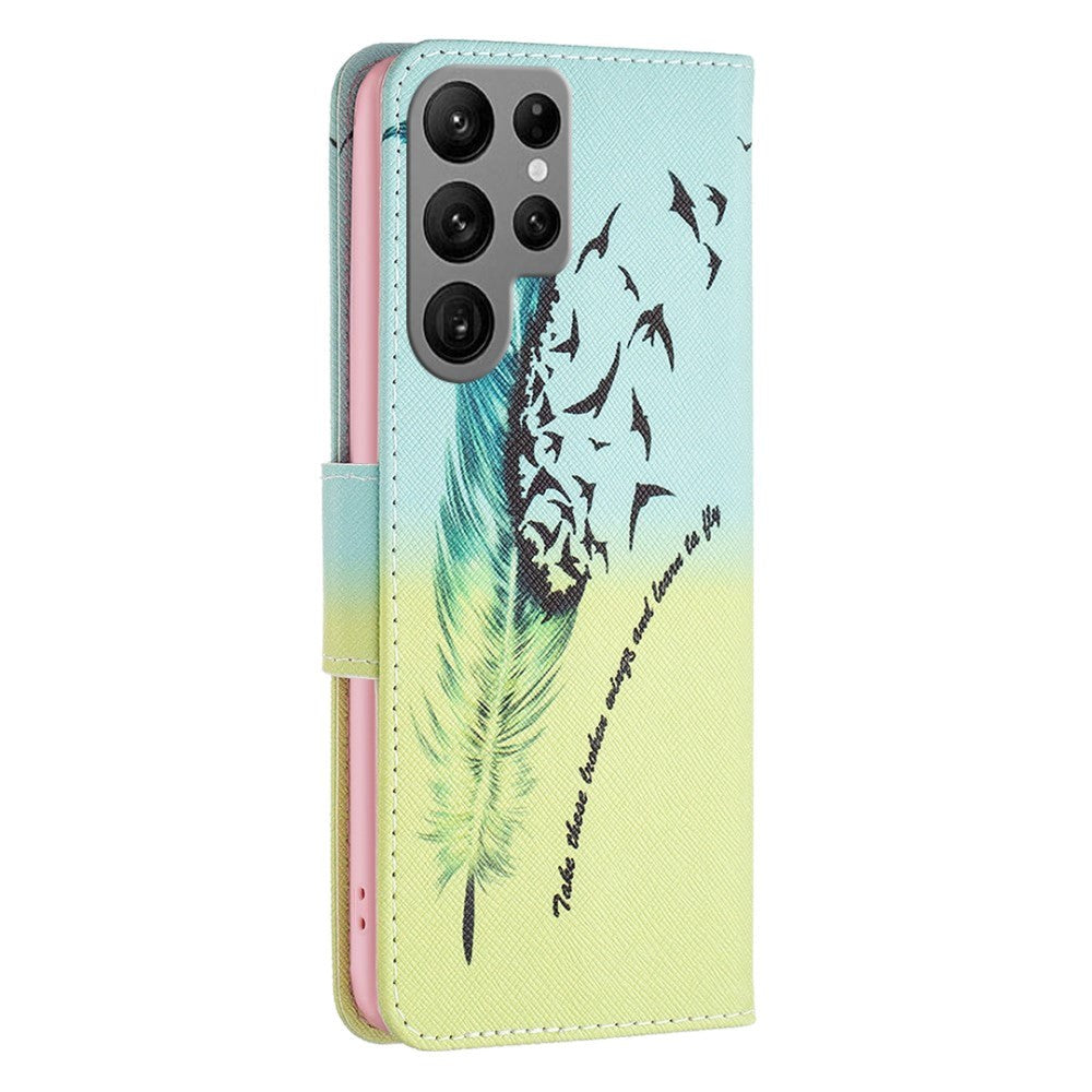 Samsung Galaxy S24 Ultra Læder Mobil Cover m. Pung - Fjer med Fugle