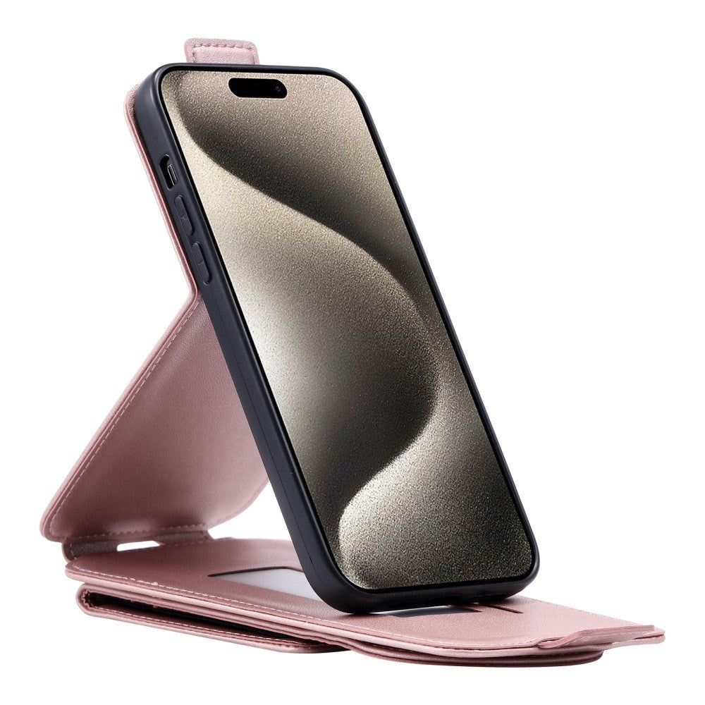 iPhone 15 Pro Vertikalt Kunst Læder Mobil Flip Cover m. Pung / Ståfunktion / Strop - Rose Gold
