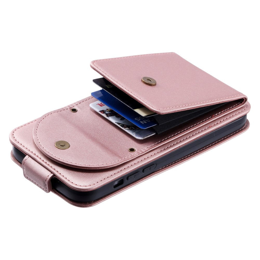 iPhone 15 Pro Vertikalt Kunst Læder Mobil Flip Cover m. Pung / Ståfunktion / Strop - Rose Gold