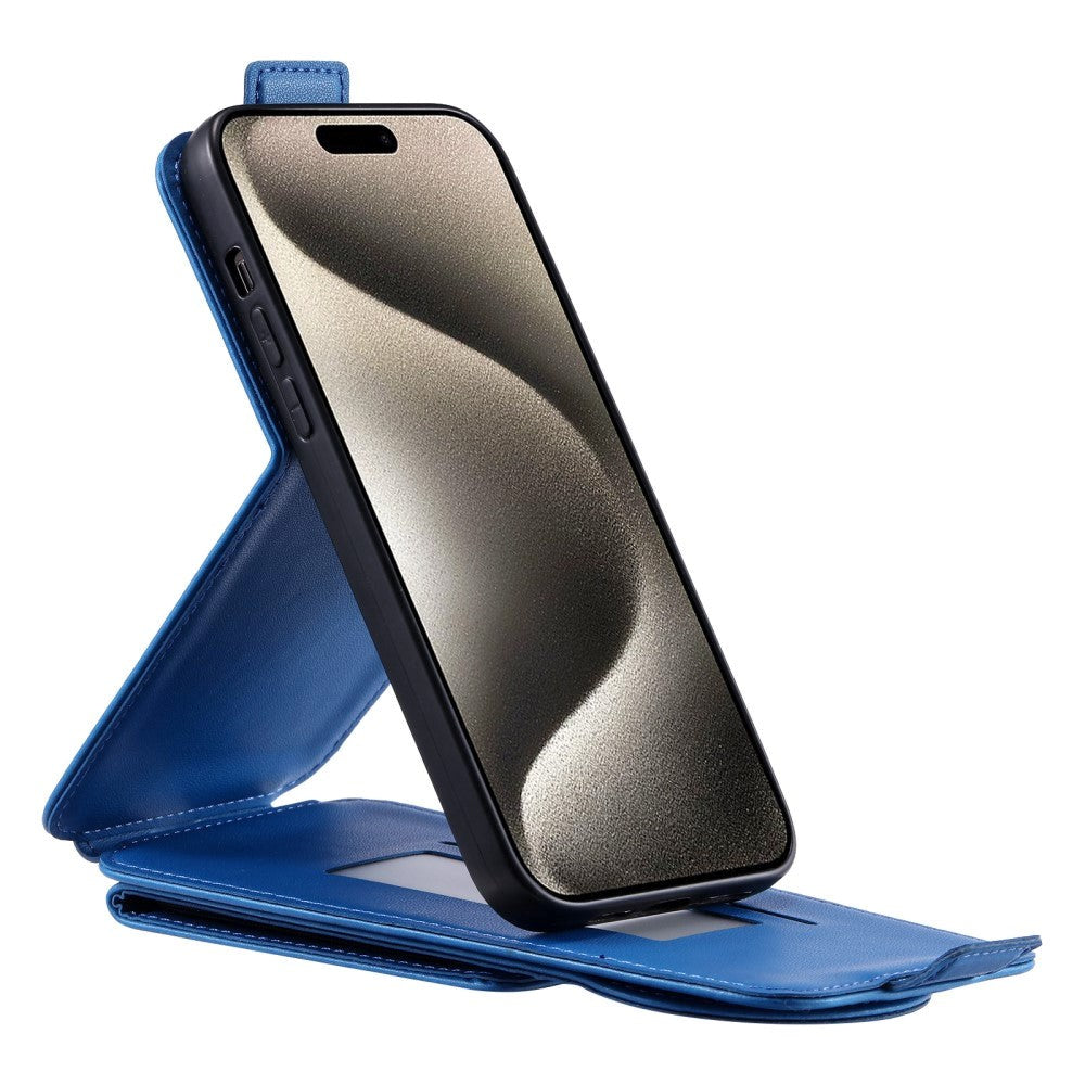 iPhone 15 Pro Vertikalt Kunst Læder Mobil Flip Cover m. Pung / Ståfunktion / Strop - Blå