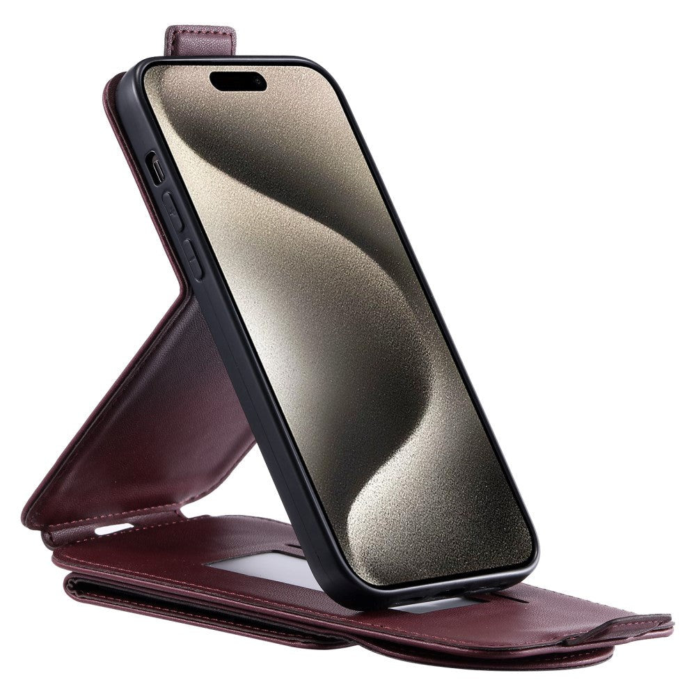 iPhone 15 Pro Vertikalt Kunst Læder Mobil Cover m. Pung / Ståfunktion / Strop - Rød