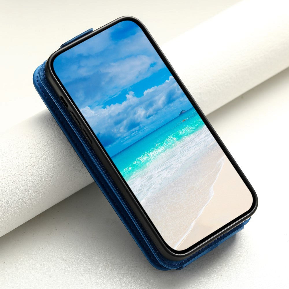 iPhone 15 Vertikalt Kunst Læder Mobil Flip Cover m. Pung / Ståfunktion / Strop - Blå