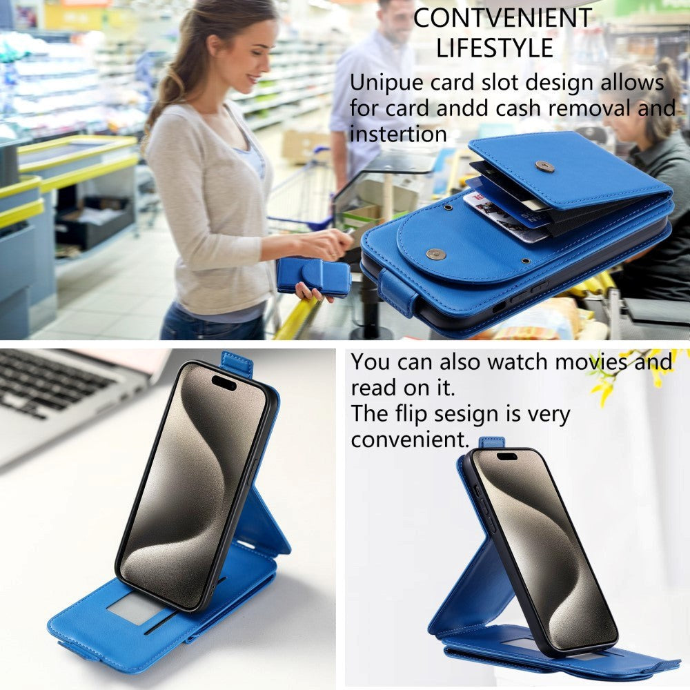 iPhone 15 Pro Max Vertikalt Kunst Læder Mobil Flip Cover m. Pung / Ståfunktion / Strop - Blå