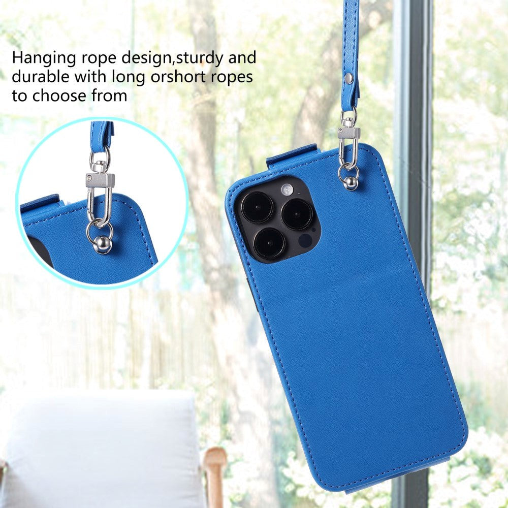 iPhone 15 Pro Max Vertikalt Kunst Læder Mobil Flip Cover m. Pung / Ståfunktion / Strop - Blå