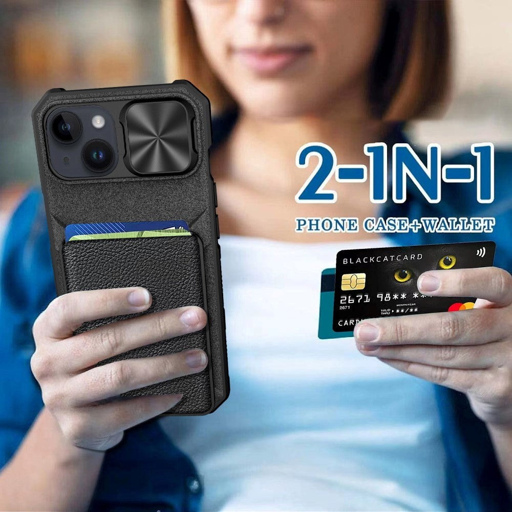 iPhone 15 Hybrid Håndværker Mobil Cover m. Kortholder & Cam Slider - MagSafe Kompatibel - Sort