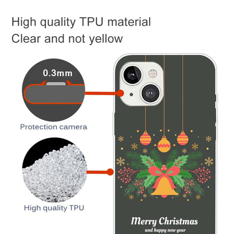 iPhone 15 Plus Fleksibelt Plast Mobil Jule Cover - Merry Christmas - Julekrans og Juleklokke