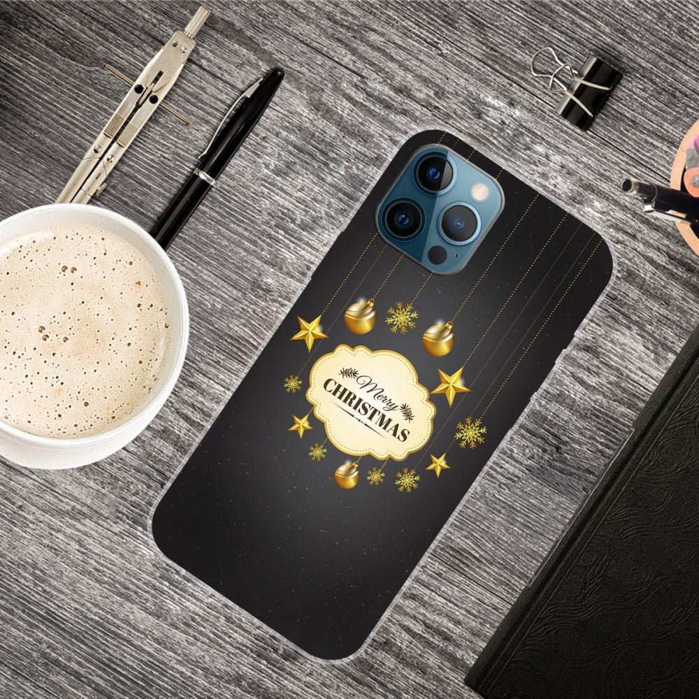 iPhone 15 Pro Fleksibelt Plast Mobil Jule Cover - Merry Christmas - Guld Dekorationer