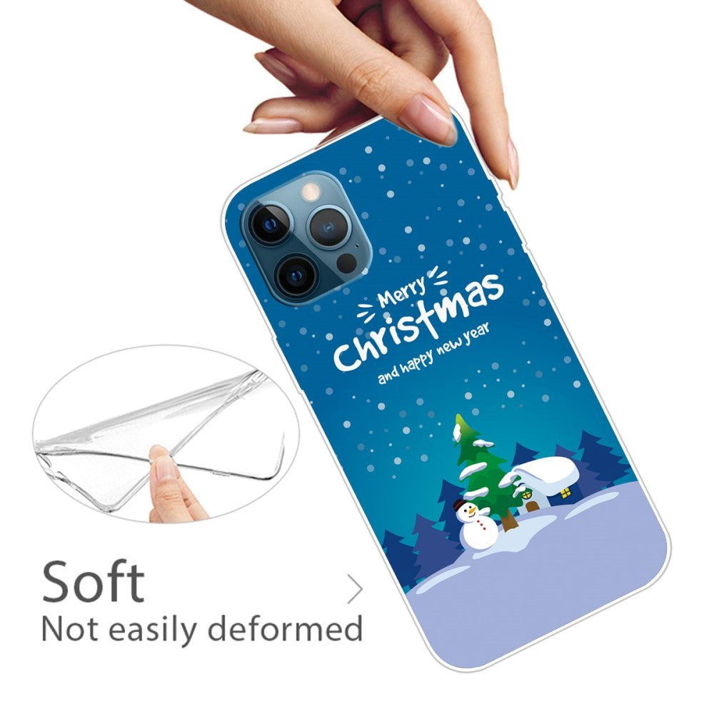iPhone 15 Pro Fleksibelt Plast Mobil Jule Cover - Merry Christmas - Snemand og Juletræ