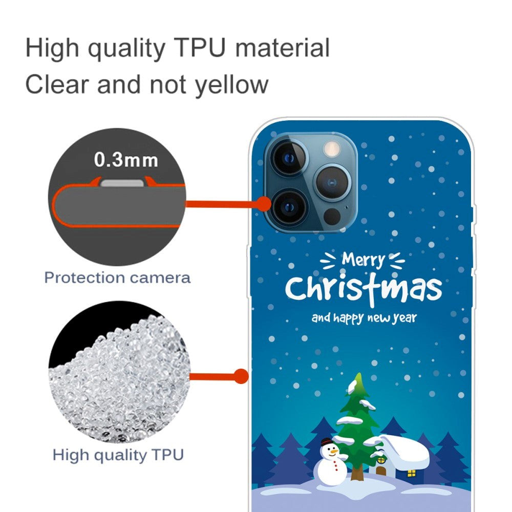 iPhone 15 Pro Fleksibelt Plast Mobil Jule Cover - Merry Christmas - Snemand og Juletræ
