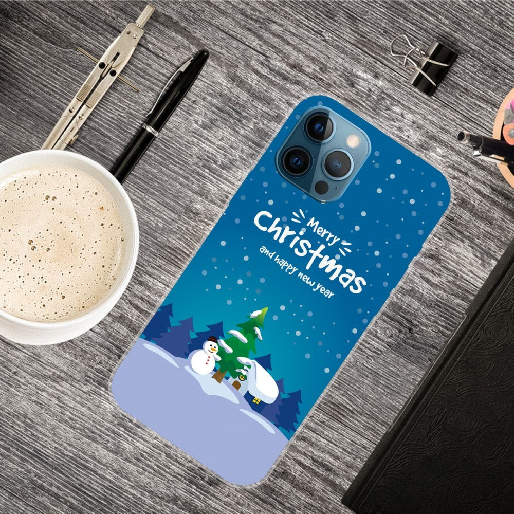 iPhone 15 Pro Fleksibelt Plast Mobil Jule Cover - Merry Christmas - Snemand og Juletræ