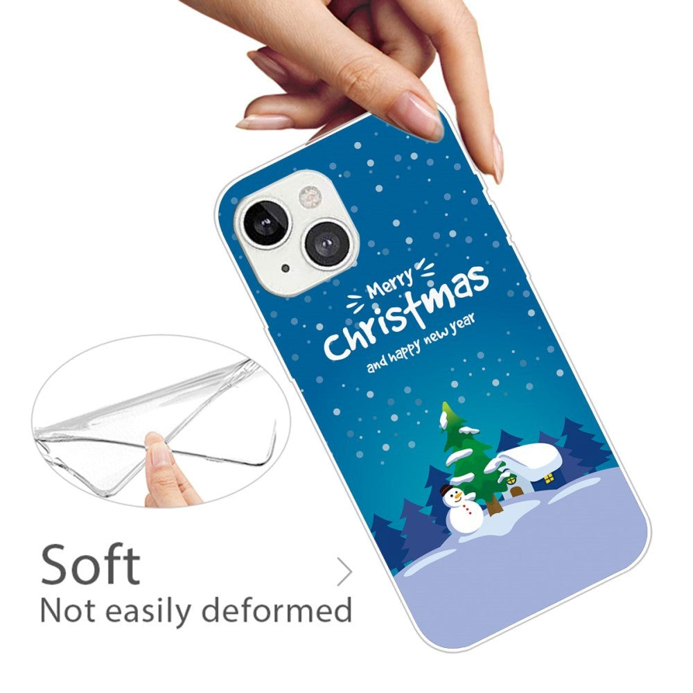 iPhone 15 Fleksibelt Plast Mobil Jule Cover - Merry Christmas - Snemand og Juletræ