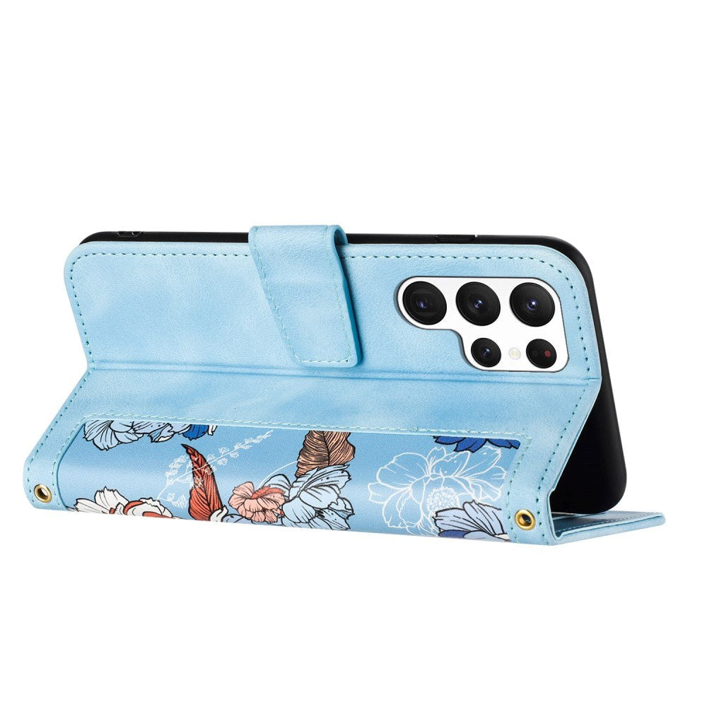 Samsung Galaxy S24 Ultra Læder Mobil Cover m. Pung & Strop - Lyseblå m. Blomster