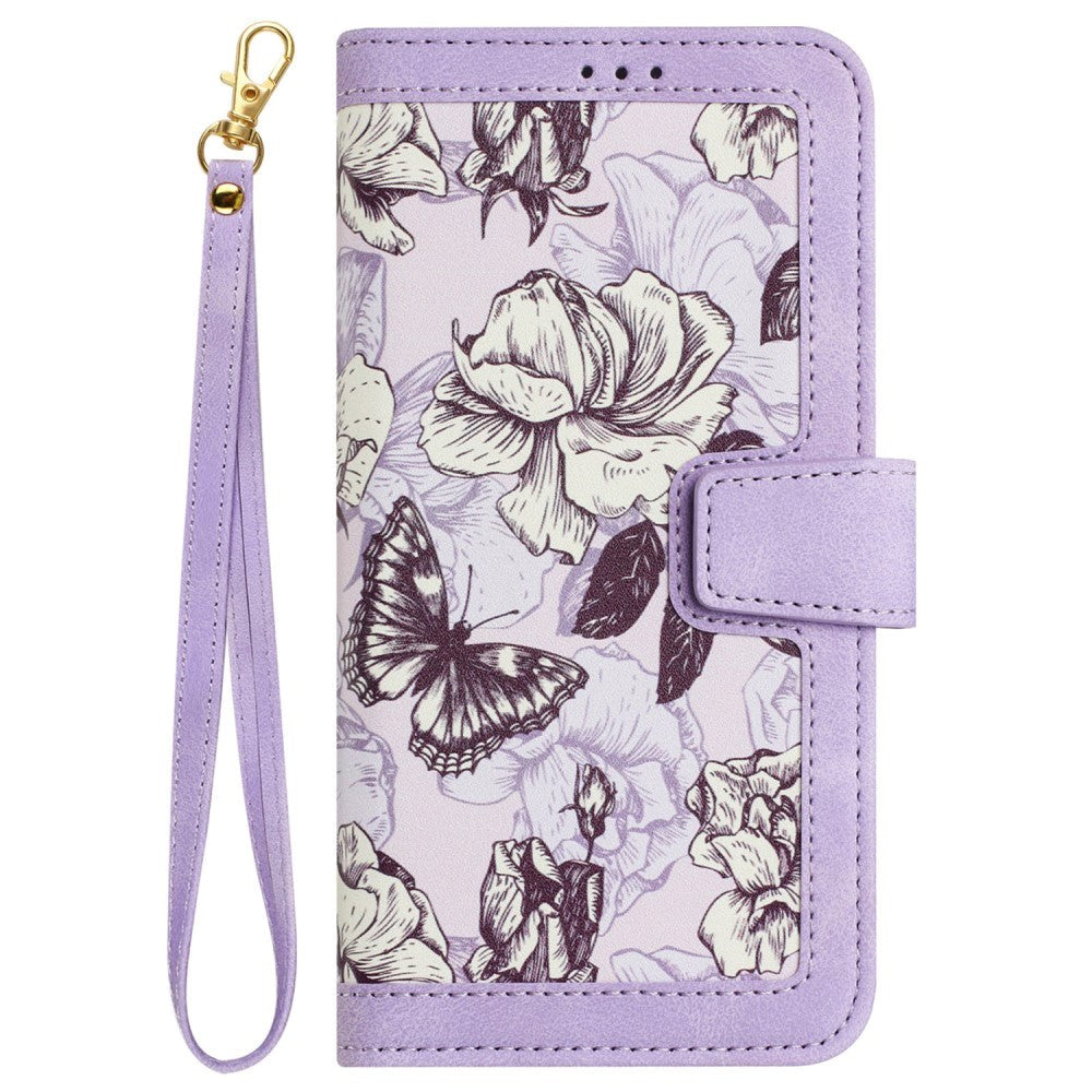 Samsung Galaxy S24 Ultra Læder Mobil Cover m. Pung & Strop - Lilla m. Blomster og Sommerfugl