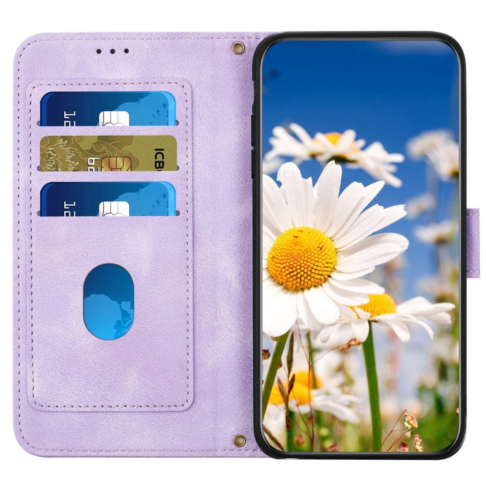 Samsung Galaxy S24 Ultra Læder Mobil Cover m. Pung & Strop - Lilla m. Blomster og Sommerfugl
